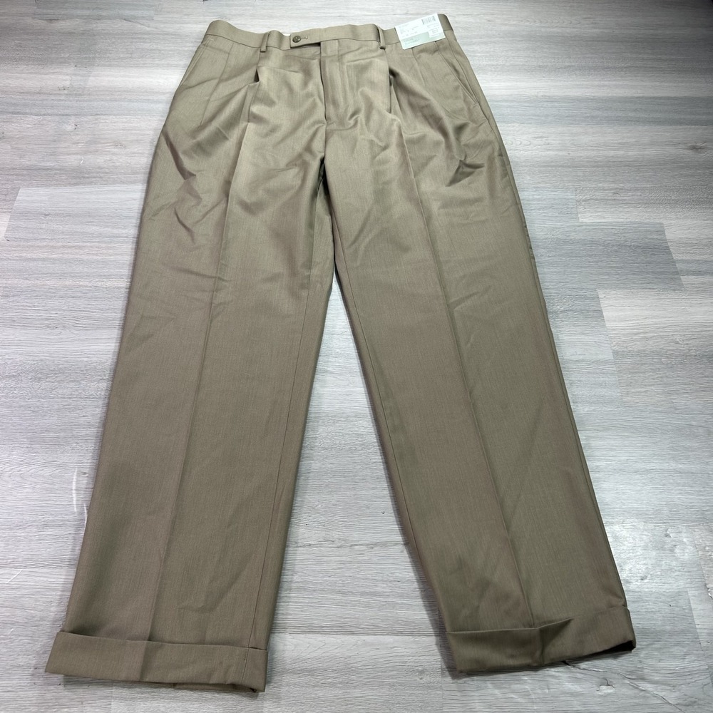 Louis Raphael Pants Mens 36x32 Beige Herringbone Pleated Cuffed Dress Slacks